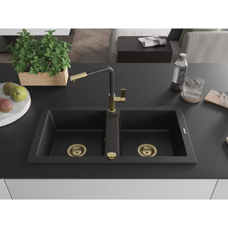 Granitvask Mario 2-Kammer 82x43,6 cm Sort med Flora Armatur