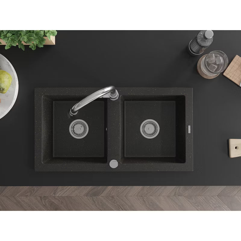 Granitvask Mario 2-Kammer 82x43,6 cm Sort med Guldarmatur