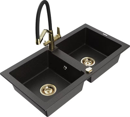 Granitvask Mario 2-Kammer 82x43,6 cm med Armatur Sort Guld