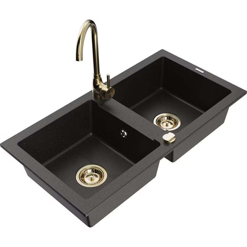 Granitvask Mario 2-Kammer 82x43,6 cm Sort med Guld Belysning