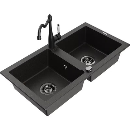 Granitvask Mario 2-Kammer 82x43,6 cm med Armatur Sort Guld