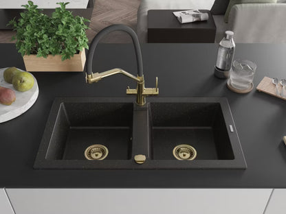 Granitvask Mario 2-Kammer 82x43,6 cm med Armatur Sort Guld