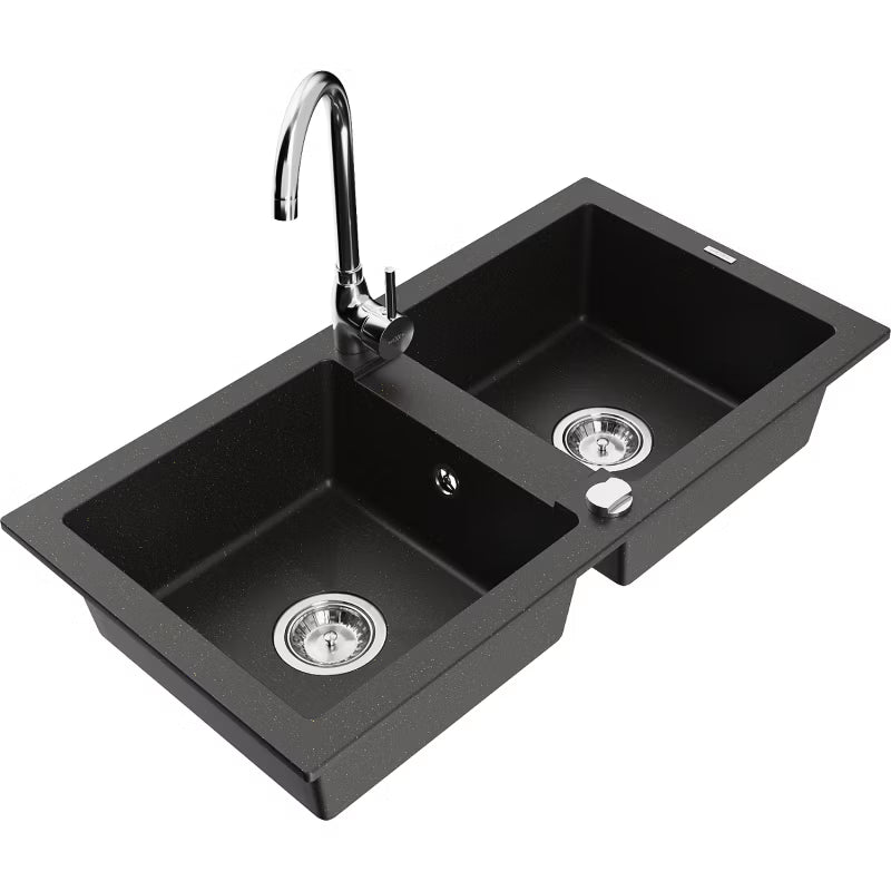 Granitvask Mario 2-Kammer 82x43,6 cm Sort med Guld og Armatur