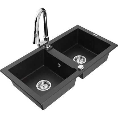 Granitvask Mario 2-Kammer 82x43,6 cm Sort med Guldarmatur