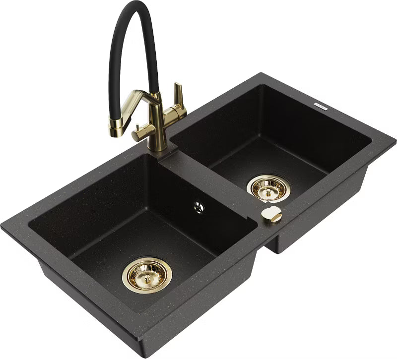 Granitvask Mario 2-Kammer 82x43,6 cm med Armatur Sort Guld