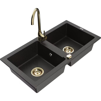 Granitvask Mario 2-Kammer 82x43,6 cm Sort med Guld Belysning