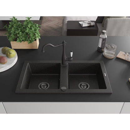 Granitvask Mario 2-Kammer 82x43,6 cm med Armatur Sort Guld