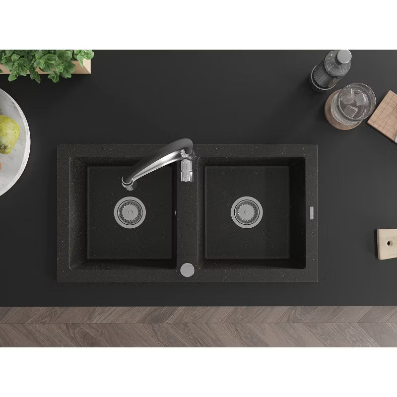 Granitvask Mario 2-Kammer 82x43,6 cm Sort med Armatur