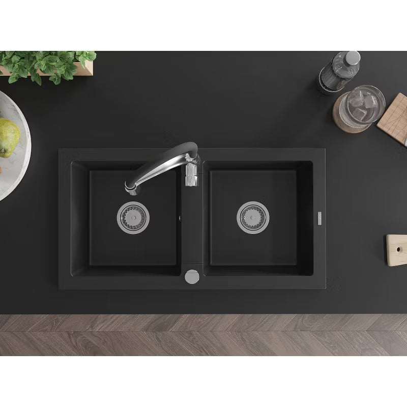 Granitvask Mario 2-Kammer 82x43,6 cm Sort med Armatur