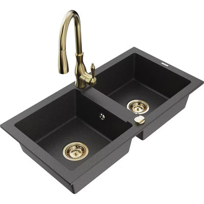 Granitvask Mario 2-Kammer 82x43,6 cm Sort med Armatur
