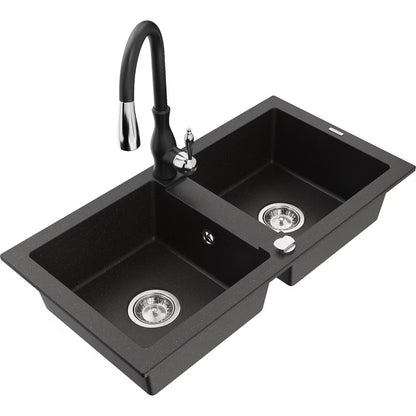 Granitvask Mario 2-Kammer 82x43,6 cm Sort med Armatur