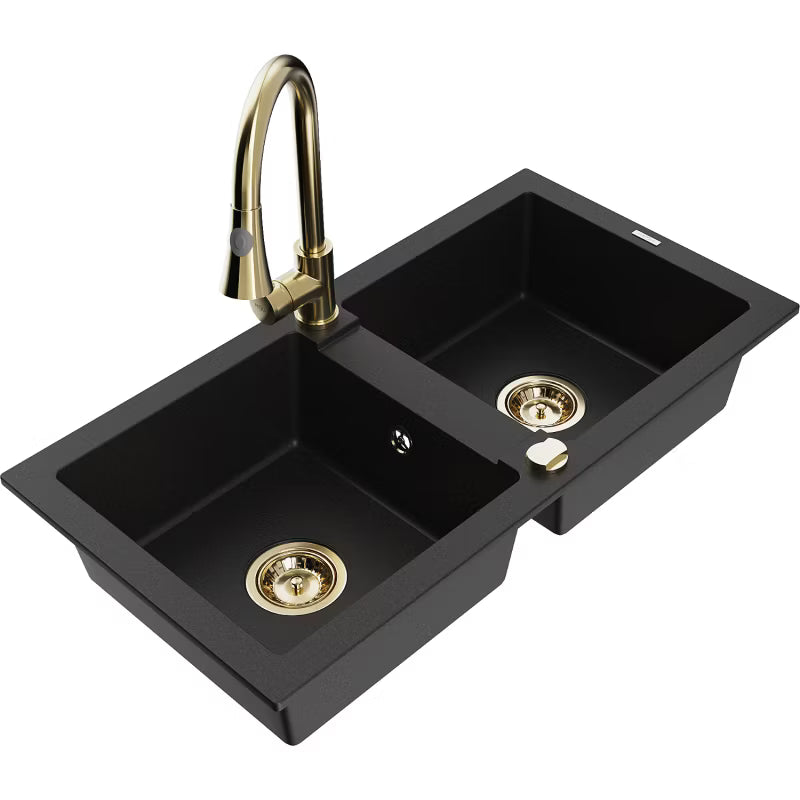 Granitvask Mario 2-Kammer 82x43,6 cm Sort med Armatur