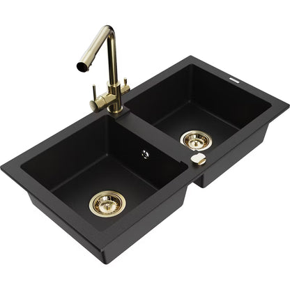 Granitvask Mario 2-Kammer 82x43,6 cm Sort med Armatur