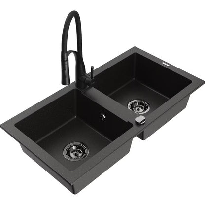 Granitvask Mario 2-Kammer 82x43,6 cm Sort med Armatur