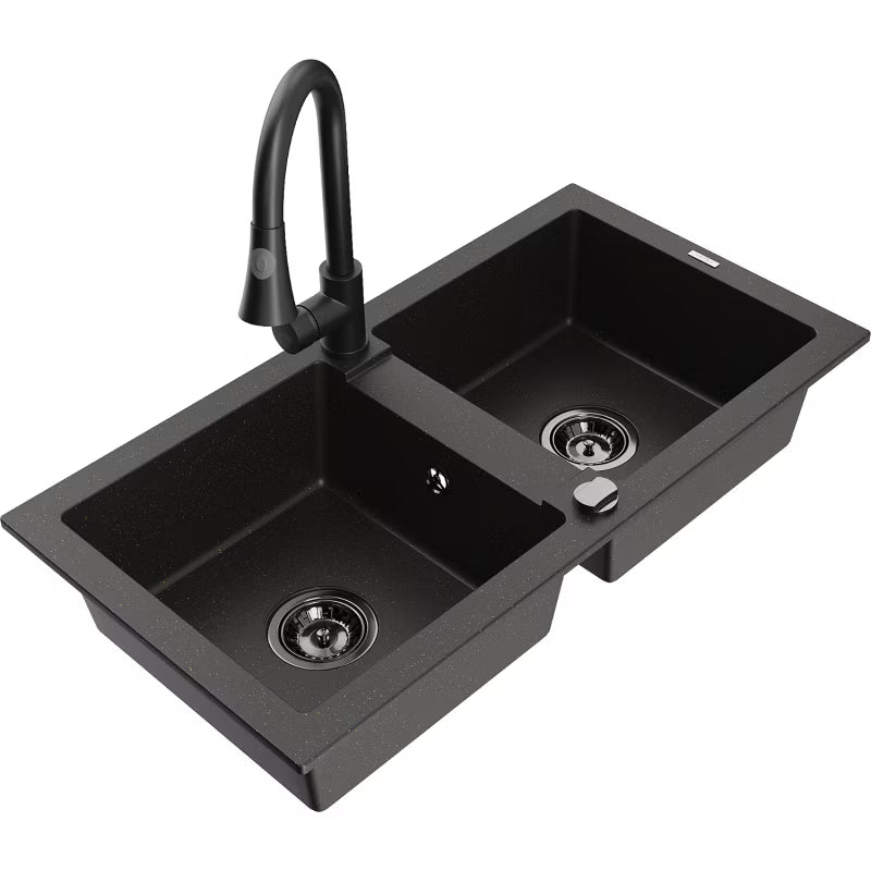 Granitvask Mario 2-Kammer 82x43,6 cm Sort med Armatur