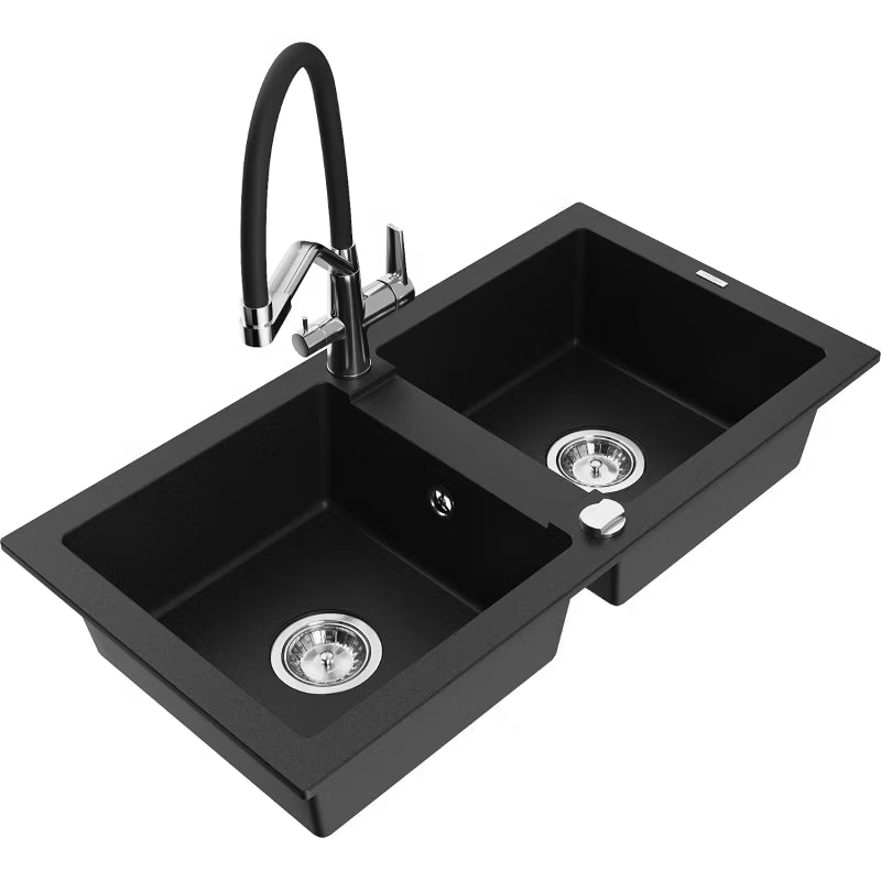 Granitvask Mario 2-Kammer 82x43,6 cm Sort med Armatur