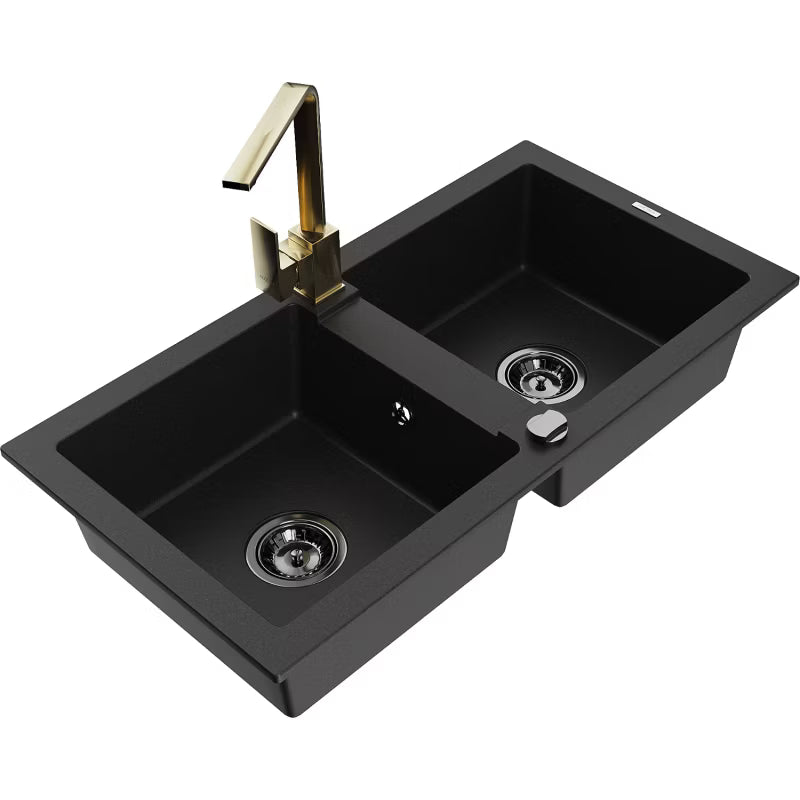 Granitvask Mario 2-Kammer 82x43,6 cm Sort med Armatur