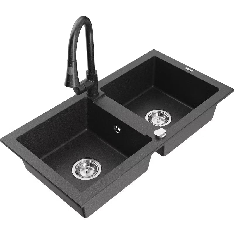 Granitvask Mario 2-Kammer 82x43,6 cm Sort med Armatur