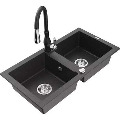 Granitvask Mario 2-Kammer 82x43,6 cm Sort med Armatur