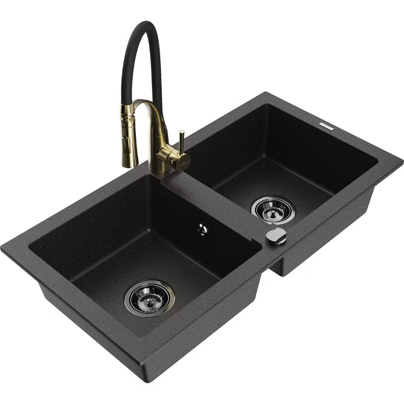 Granitvask Mario 2-Kammer 82x43,6 cm Sort med Armatur