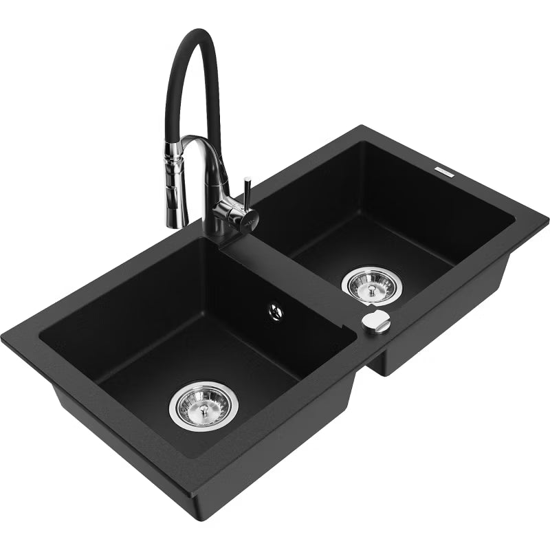 Granitvask Mario 2-Kammer 82x43,6 cm Sort med Armatur