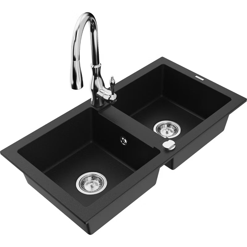 Granitvask Mario 2-Kammer 82x43,6 cm Sort med Armatur