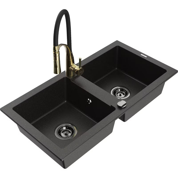 Granitvask Mario 2-Kammer 82x43,6 cm Sort med Armatur