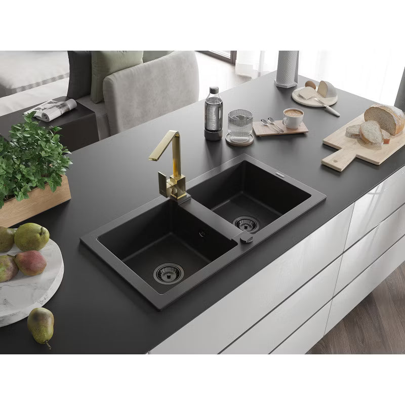 Granitvask Mario 2-Kammer 82x43,6 cm Sort med Armatur