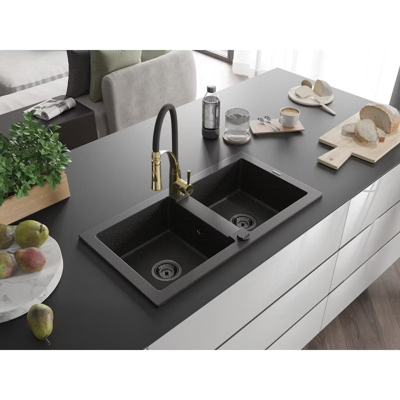 Granitvask Mario 2-Kammer 82x43,6 cm Sort med Armatur