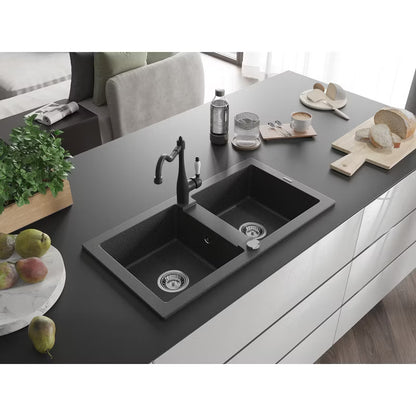 Granitvask Mario 2-Kammer 82x43,6 cm Sort med Armatur