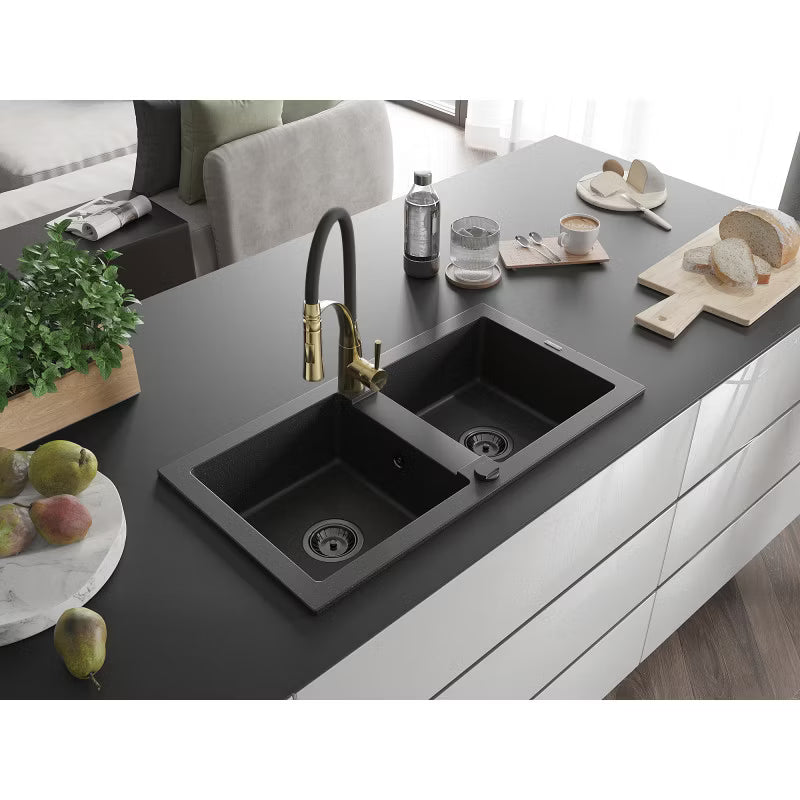 Granitvask Mario 2-Kammer 82x43,6 cm Sort med Armatur