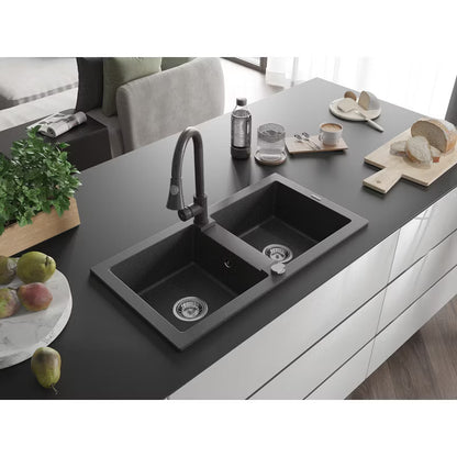 Granitvask Mario 2-Kammer 82x43,6 cm Sort med Armatur