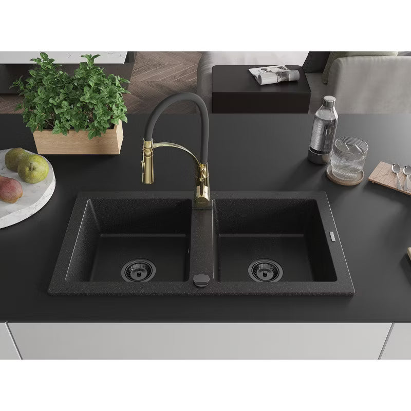 Granitvask Mario 2-Kammer 82x43,6 cm Sort med Armatur