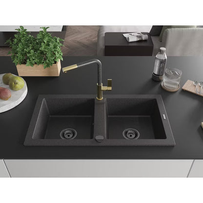 Granitvask Mario 2-Kammer 82x43,6 cm Sort med Armatur