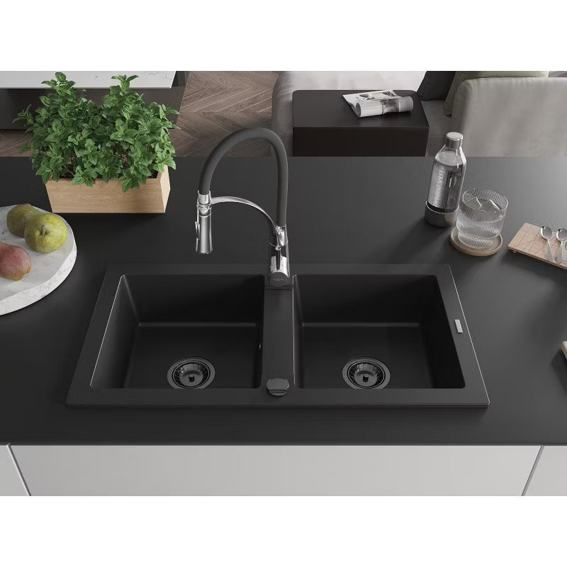 Granitvask Mario 2-Kammer 82x43,6 cm Sort med Armatur