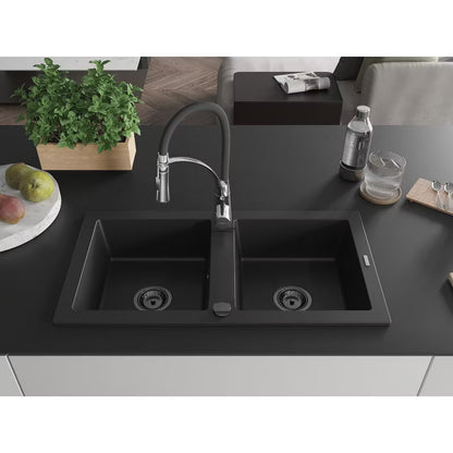 Granitvask Mario 2-Kammer 82x43,6 cm Sort med Armatur