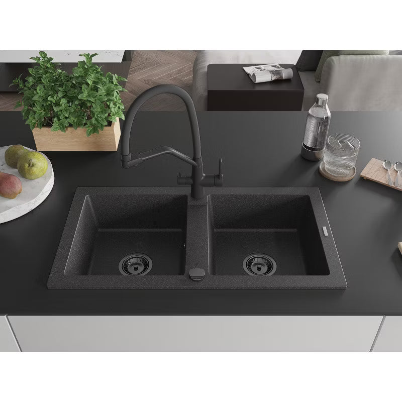 Granitvask Mario 2-Kammer 82x43,6 cm Sort med Armatur