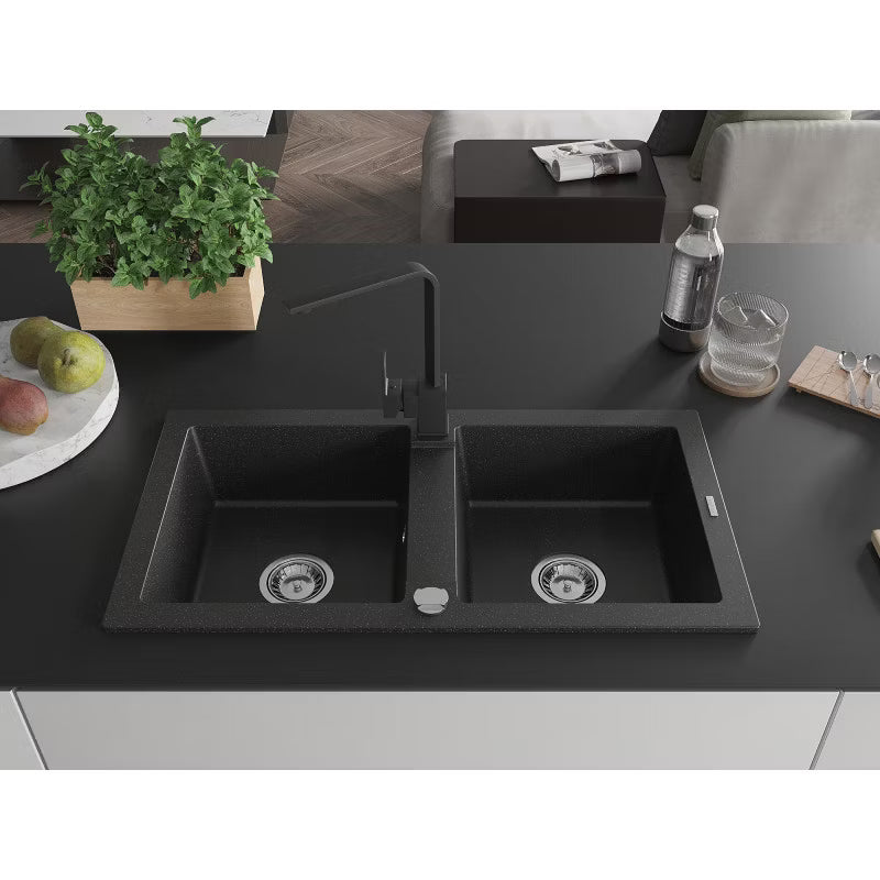 Granitvask Mario 2-Kammer 82x43,6 cm Sort med Armatur