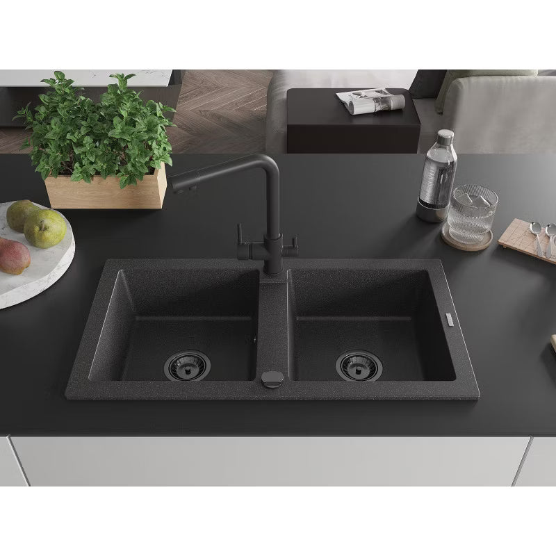 Granitvask Mario 2-Kammer 82x43,6 cm Sort med Armatur