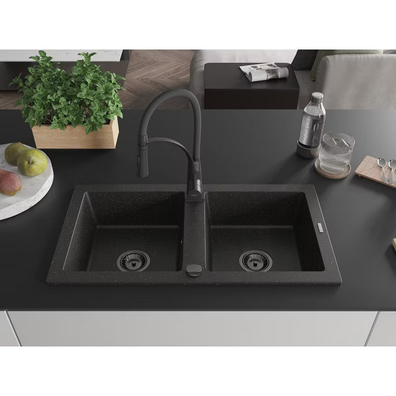 Granitvask Mario 2-Kammer 82x43,6 cm Sort med Armatur