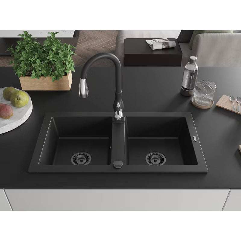 Granitvask Mario 2-Kammer 82x43,6 cm Sort med Armatur