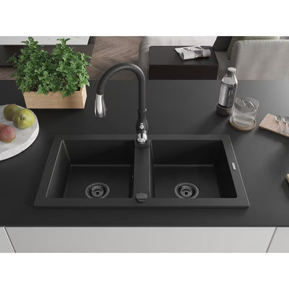 Granitvask Mario 2-Kammer 82x43,6 cm Sort med Armatur