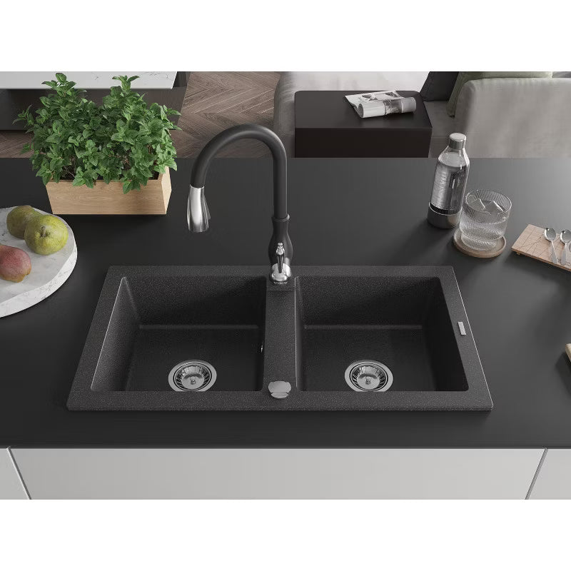 Granitvask Mario 2-Kammer 82x43,6 cm Sort med Armatur