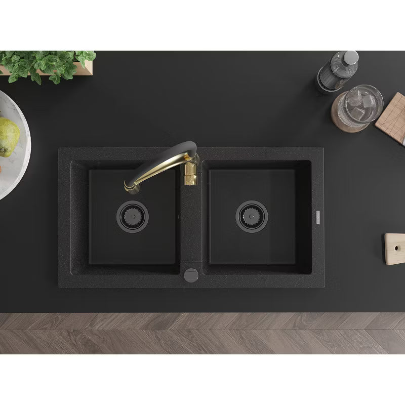 Granitvask Mario 2-Kammer 82x43,6 cm Sort med Armatur