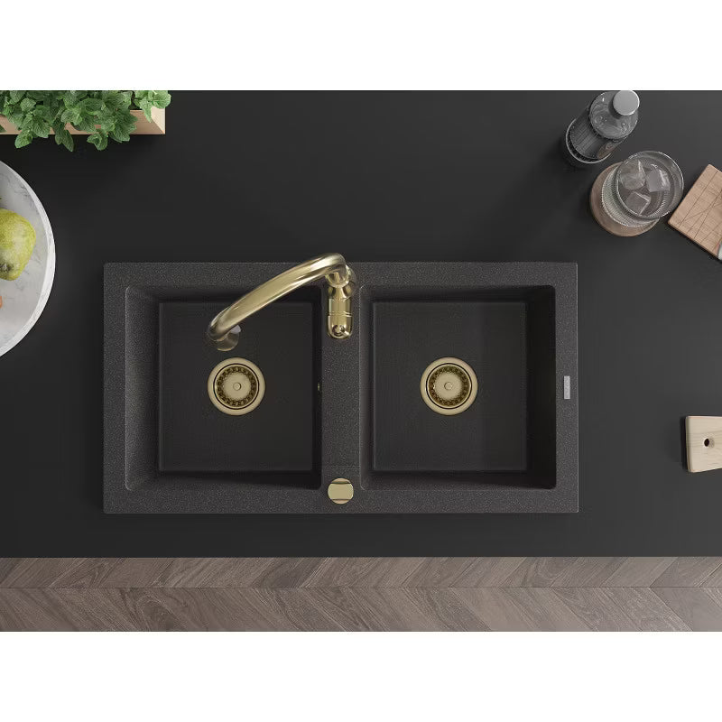 Granitvask Mario 2-Kammer 82x43,6 cm Sort med Armatur