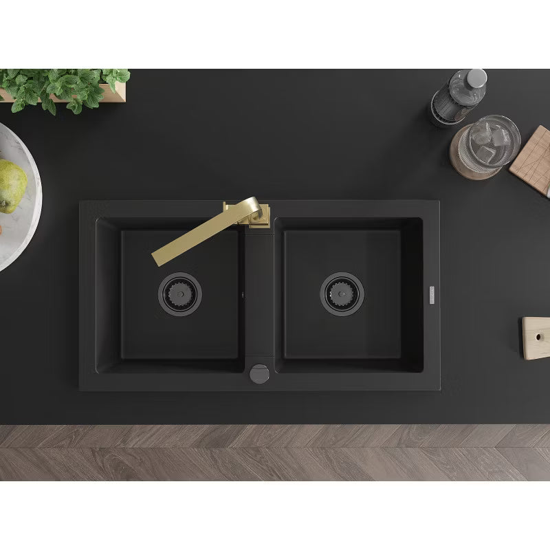 Granitvask Mario 2-Kammer 82x43,6 cm Sort med Armatur