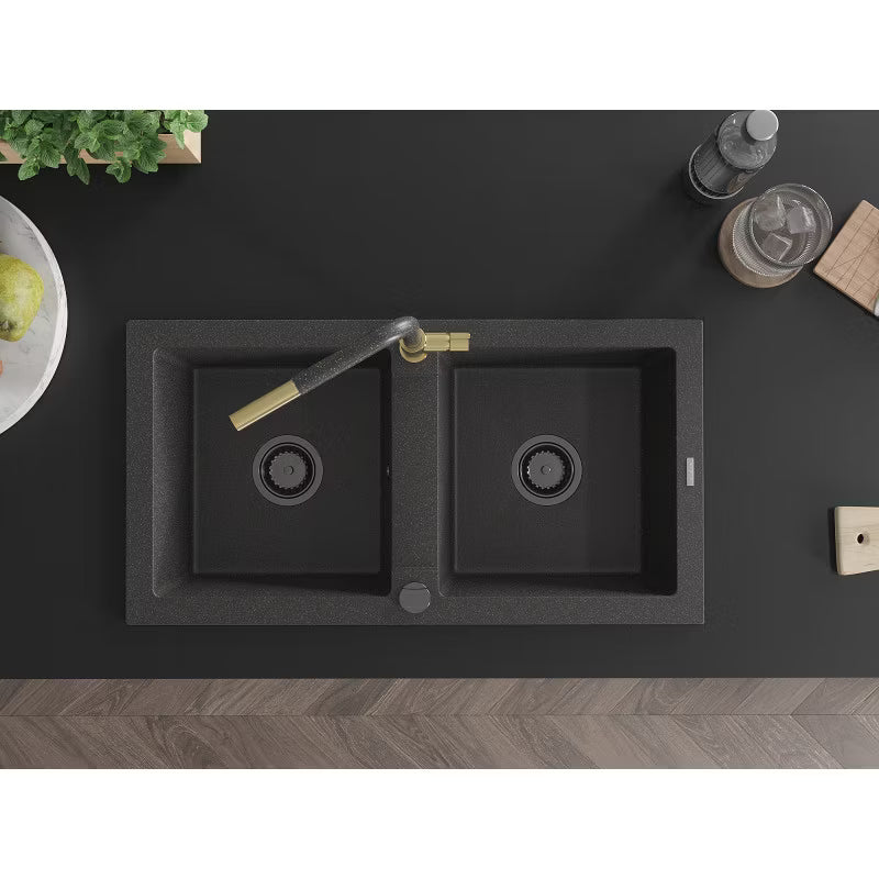 Granitvask Mario 2-Kammer 82x43,6 cm Sort med Armatur