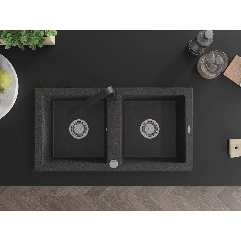 Granitvask Mario 2-Kammer 82x43,6 cm Sort med Armatur