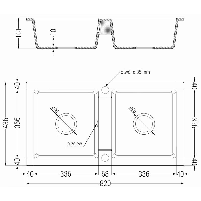 Granitvask Mario 2-Kammer 82x43,6 cm Sort med Armatur