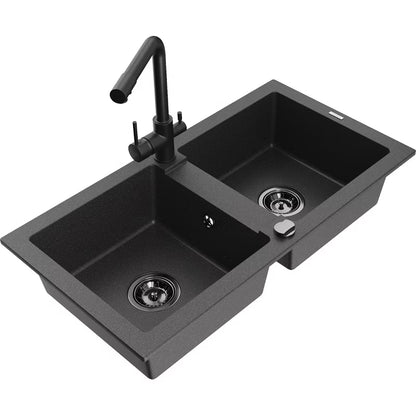 Granitvask Mario 2-Kammer 82x43,6 cm Sort med Armatur
